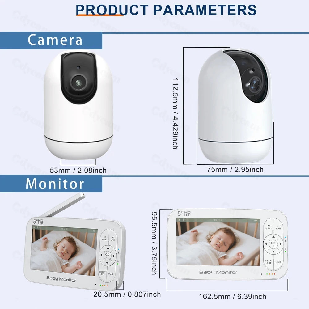5" WiFi Baby Monitor Tuya APP+monitor Dual Control Electronic Baby Sitter 4x Zoom PTZ Cam Two Way Audio Night Vision Babyphone
