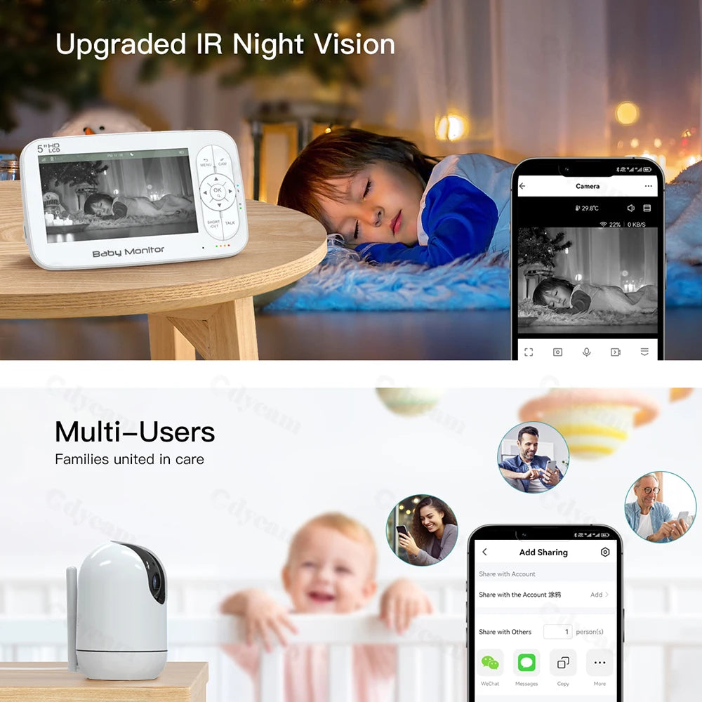 5" WiFi Baby Monitor Tuya APP+monitor Dual Control Electronic Baby Sitter 4x Zoom PTZ Cam Two Way Audio Night Vision Babyphone
