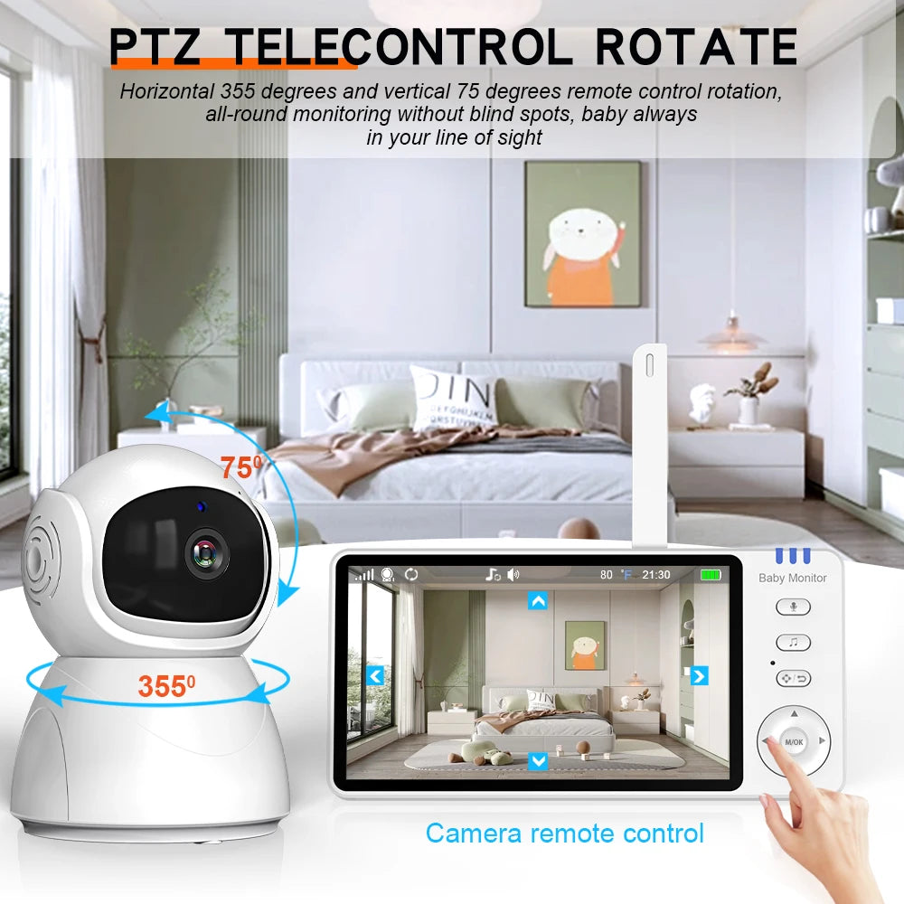 5.0'' Baby Monitor with Pan Tilt Camera 4X Zoom 2-way Audio No WiFi Night Vision VOX Temperature 8 Lullaby Babysitter Video Cam