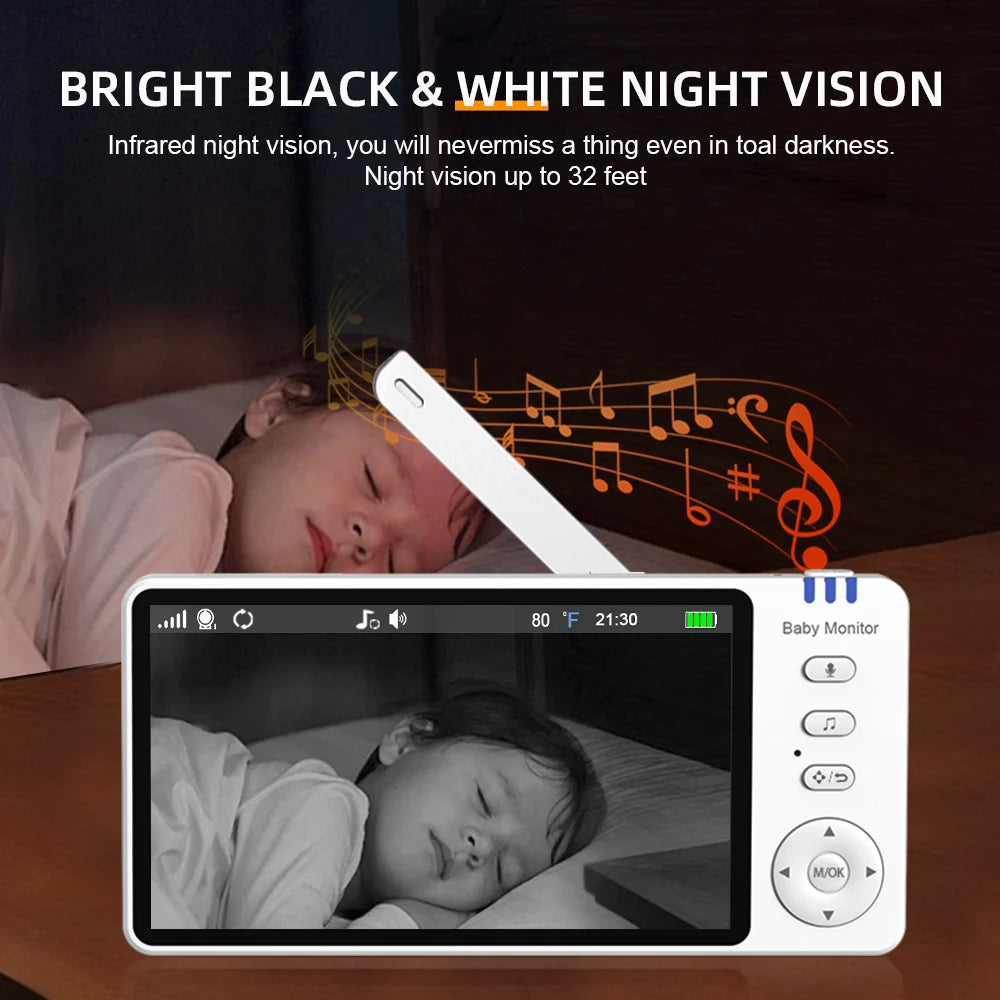 5.0'' Baby Monitor with Pan Tilt Camera 4X Zoom 2-way Audio No WiFi Night Vision VOX Temperature 8 Lullaby Babysitter Video Cam