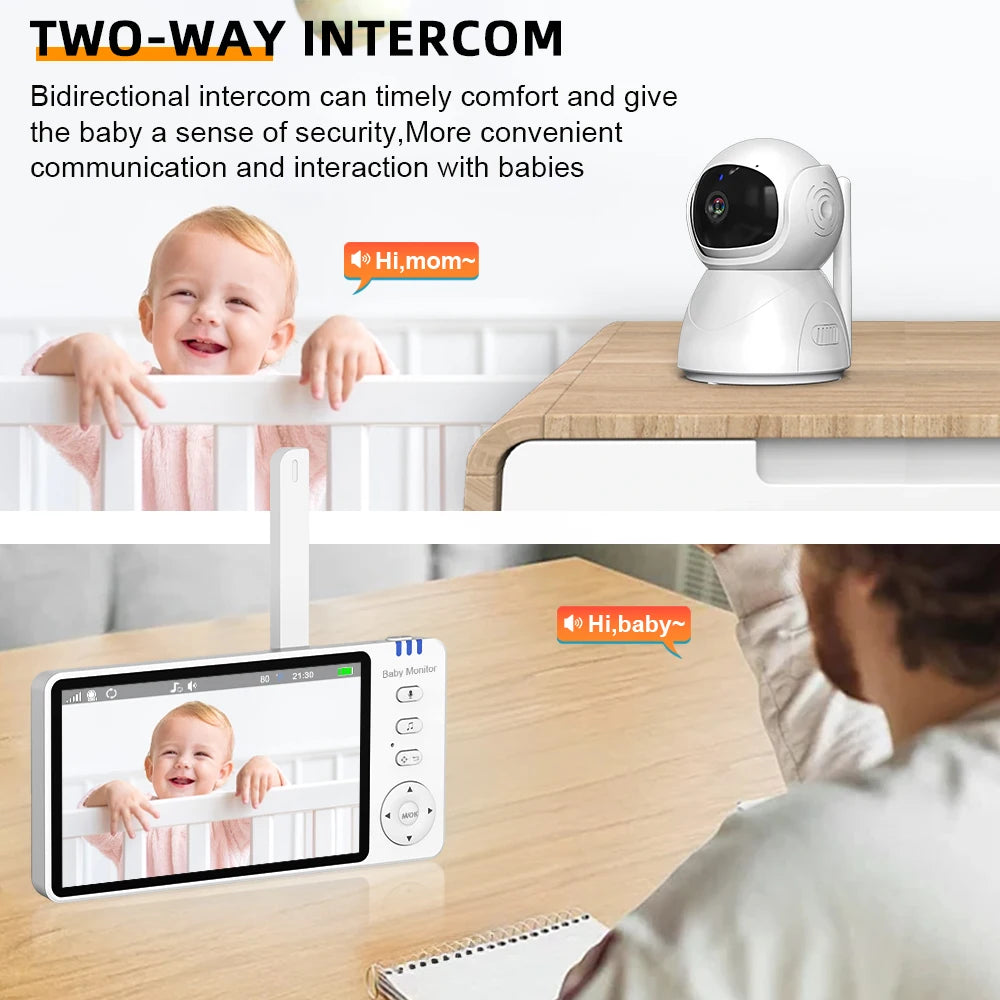 5.0'' Baby Monitor with Pan Tilt Camera 4X Zoom 2-way Audio No WiFi Night Vision VOX Temperature 8 Lullaby Babysitter Video Cam
