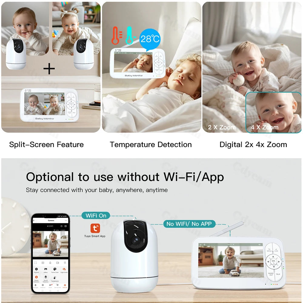 5" WiFi Baby Monitor Tuya APP+monitor Dual Control Electronic Baby Sitter 4x Zoom PTZ Cam Two Way Audio Night Vision Babyphone