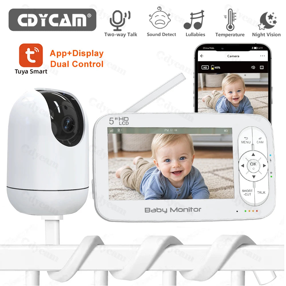 5" WiFi Baby Monitor Tuya APP+monitor Dual Control Electronic Baby Sitter 4x Zoom PTZ Cam Two Way Audio Night Vision Babyphone