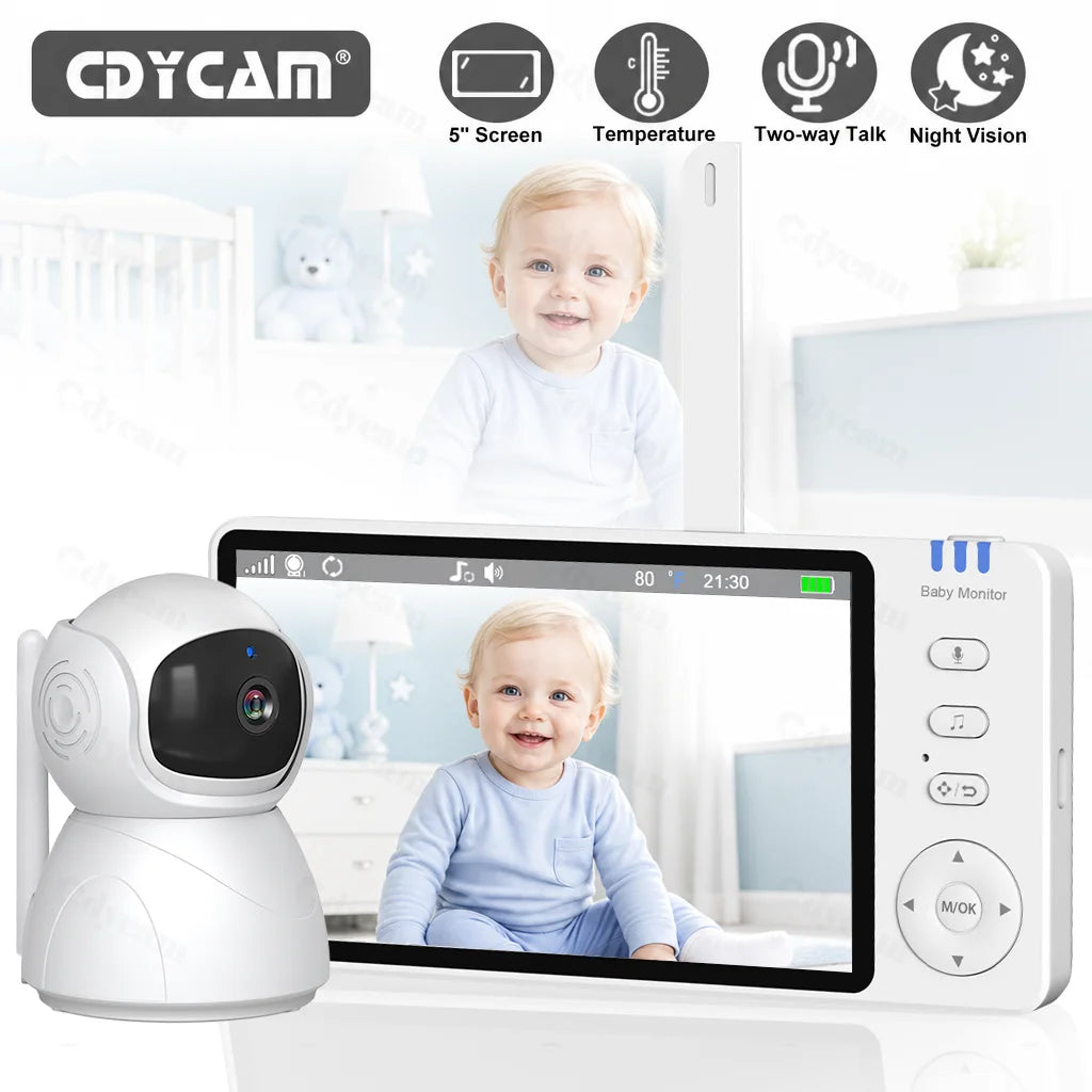 5.0'' Baby Monitor with Pan Tilt Camera 4X Zoom 2-way Audio No WiFi Night Vision VOX Temperature 8 Lullaby Babysitter Video Cam